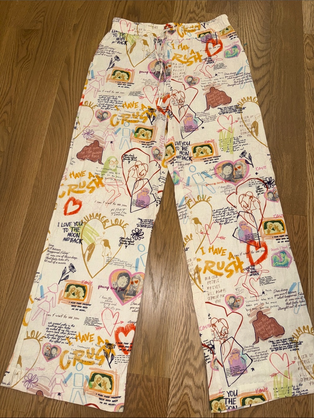 Maison d’Amelie Wide-Leg Linen Graphic Print Pants in Cream with Multicolor